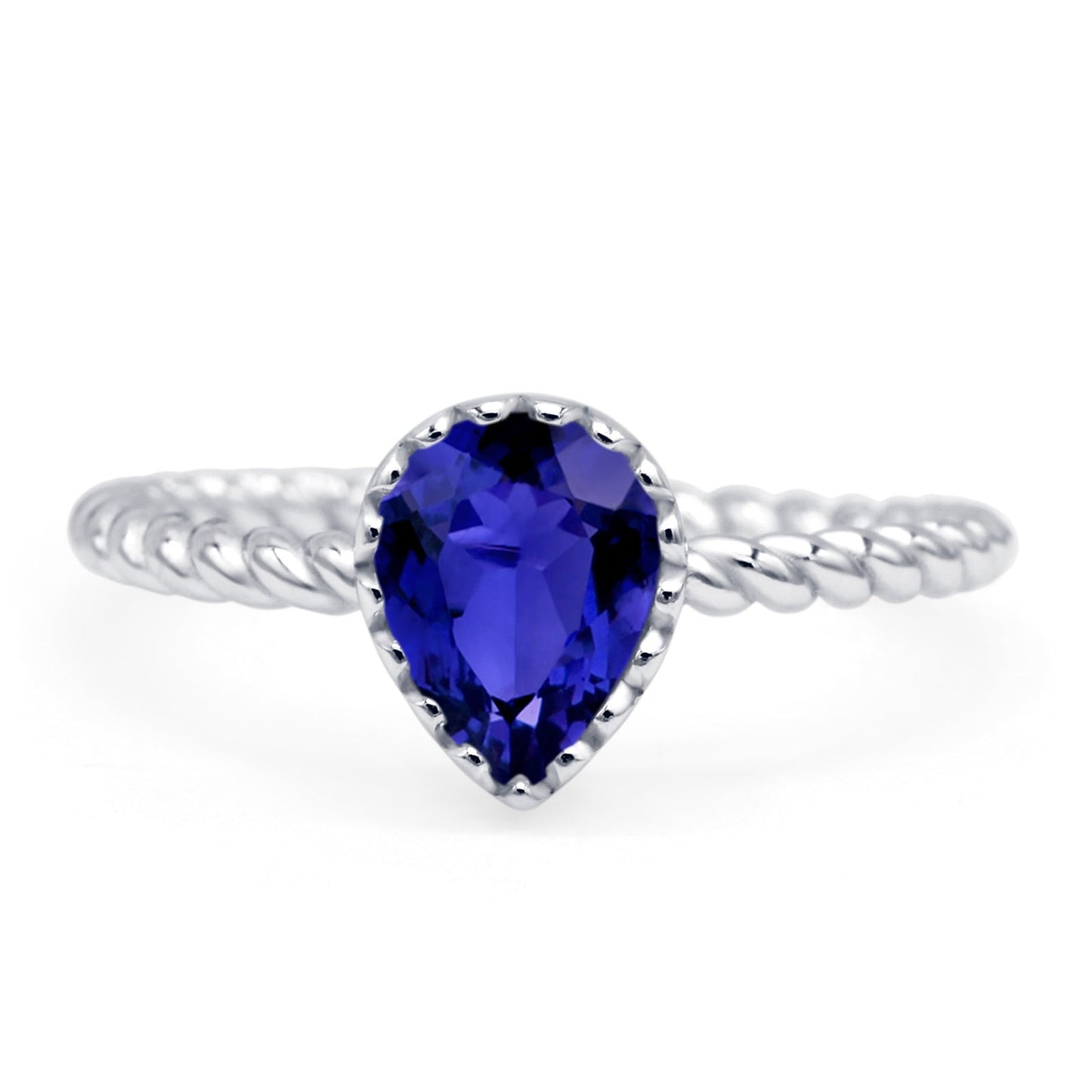 Vintage Teardrop Pear Rope Twisted Band Simulated Blue Sapphire Engagement Ring