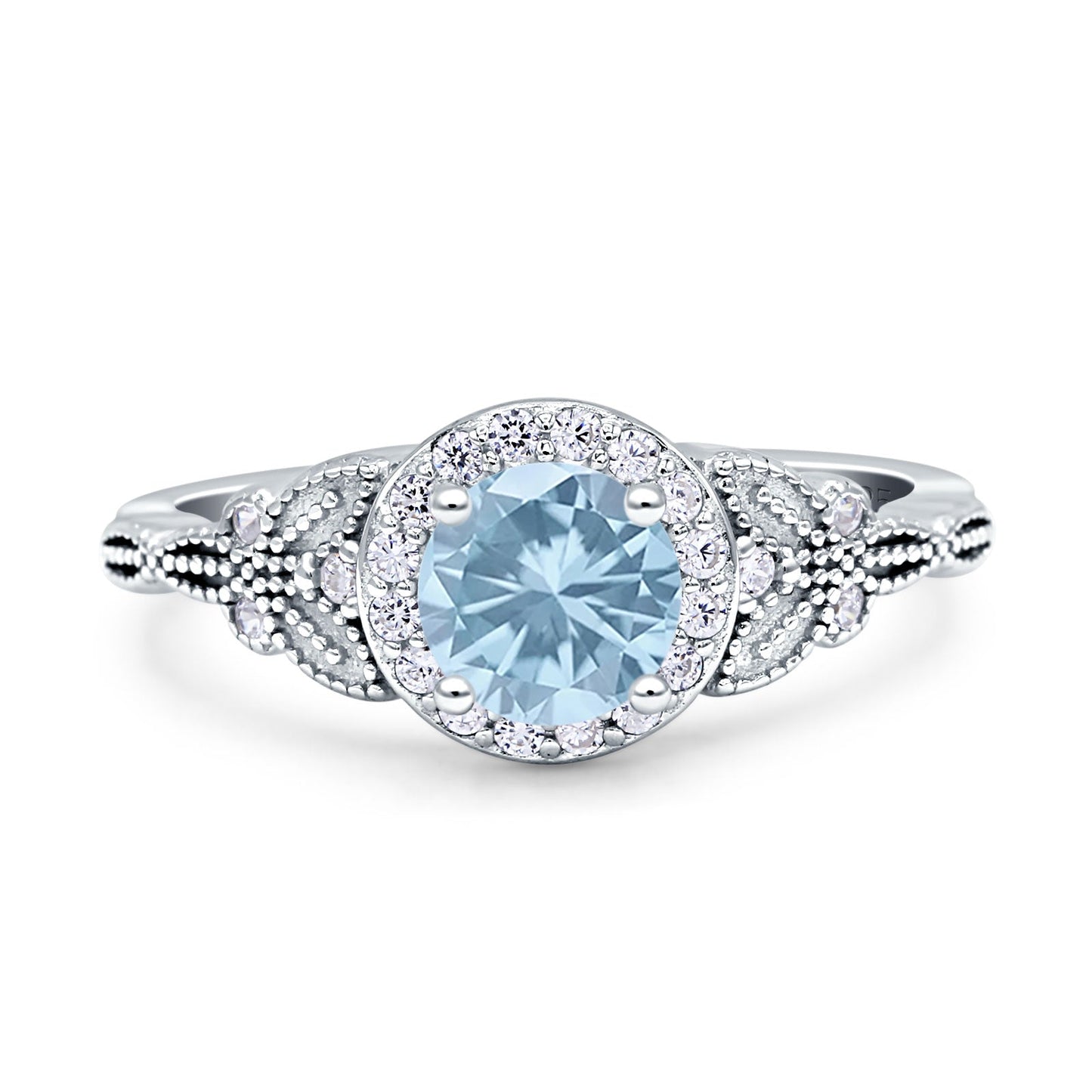 Art Deco Round Butterfly Simulated Aquamarine Engagement Ring