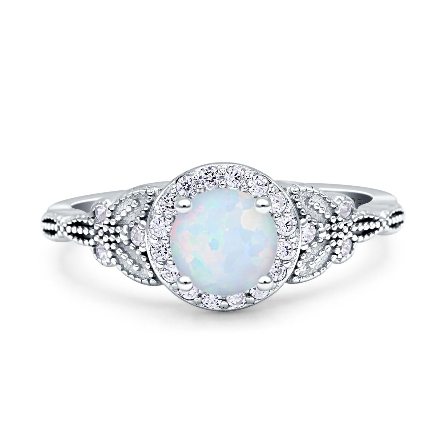 Art Deco Round Butterfly Lab Created White Opal Engagement Ring