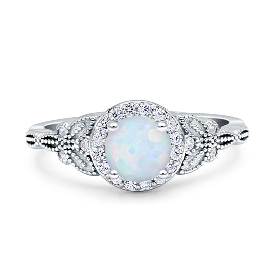 Art Deco Round Butterfly Lab Created White Opal Engagement Ring