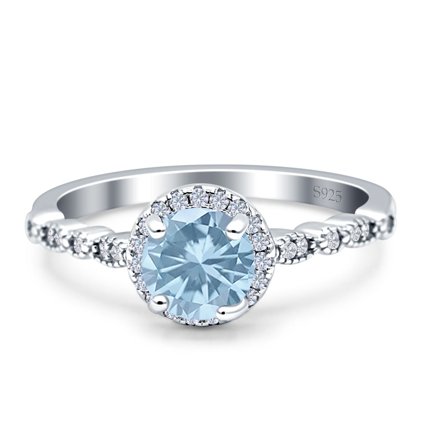 Halo Round Simulated Aquamarine Engagement Ring