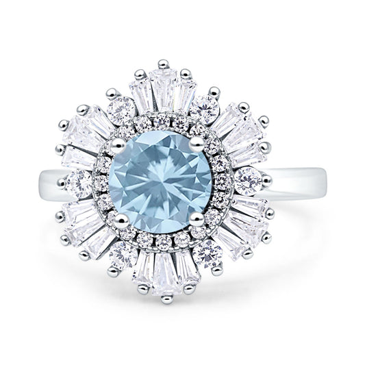 Floral Art Deco Round Simulated Aquamarine CZ Engagement Ring