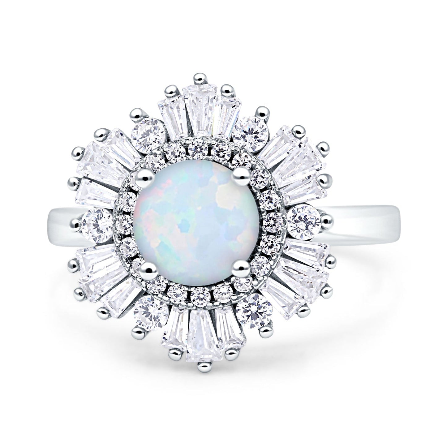 Floral Art Deco Round Lab Created White Opal Engagement Ring