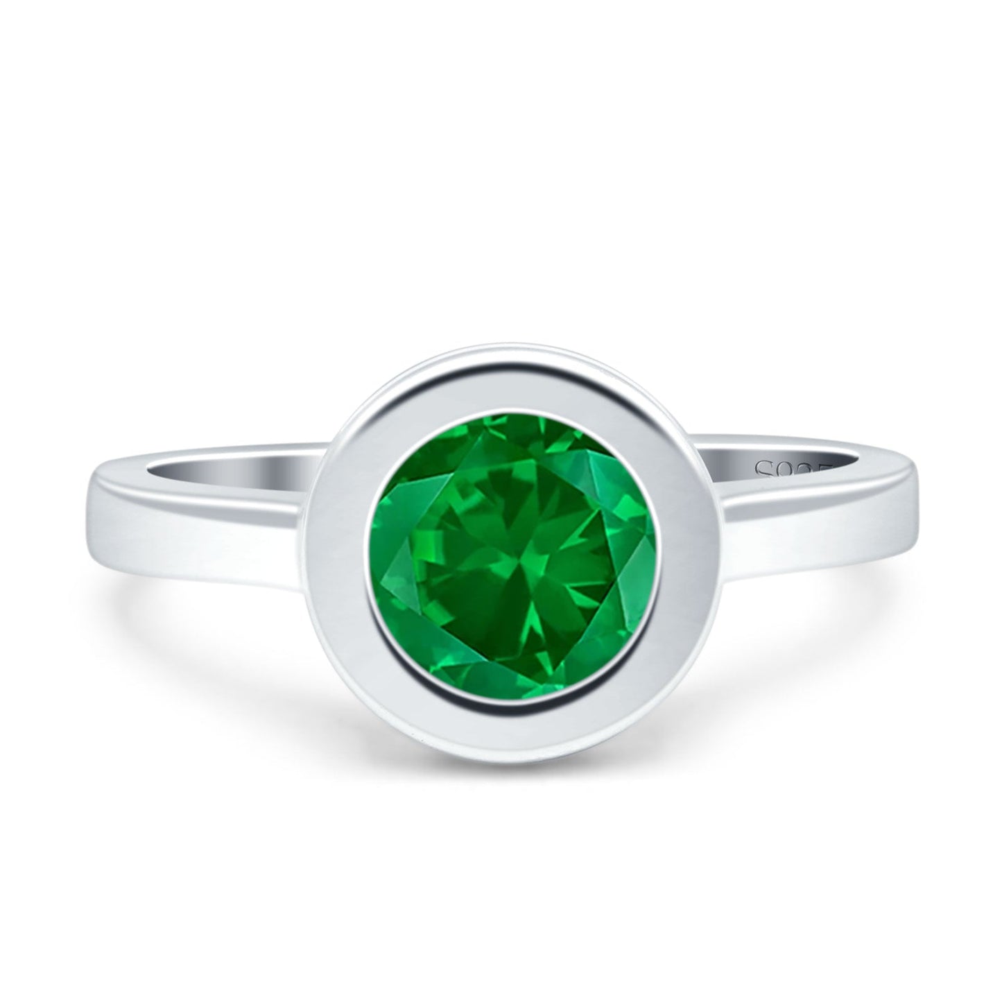 Bezel Set Hidden Halo Round Engagement Ring Simulated Green Emerald