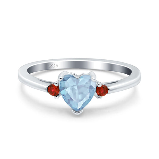 Art Deco Heart Three Stone Wedding Ring Garnet Simulated Aquamarine CZ