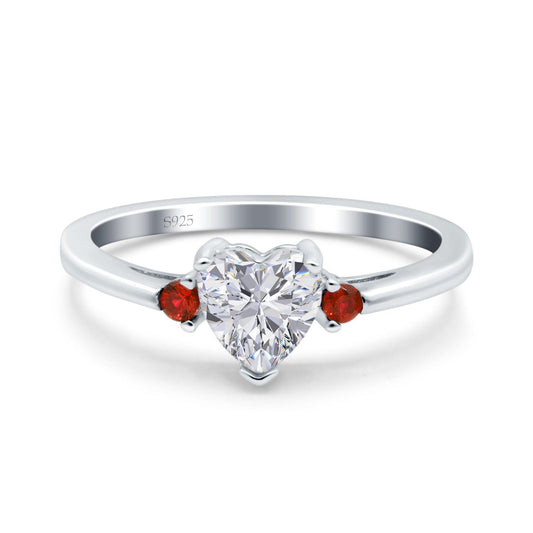 Art Deco Heart Three Stone Wedding Ring Garnet Simulated Cubic Zirconia