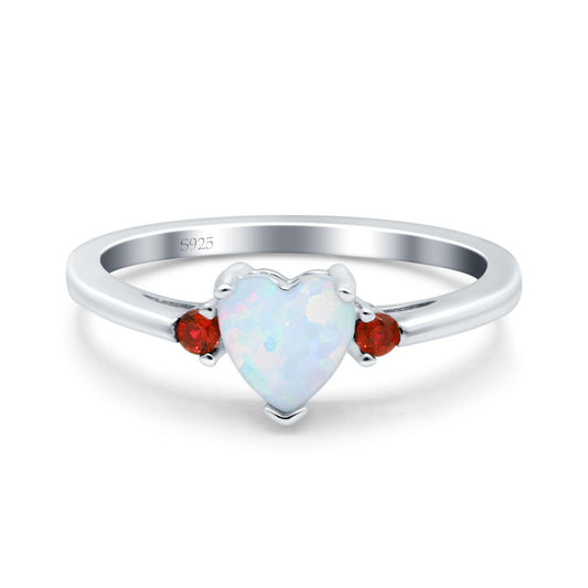 Art Deco Heart Three Stone Wedding Ring Garnet Lab Created White Opal