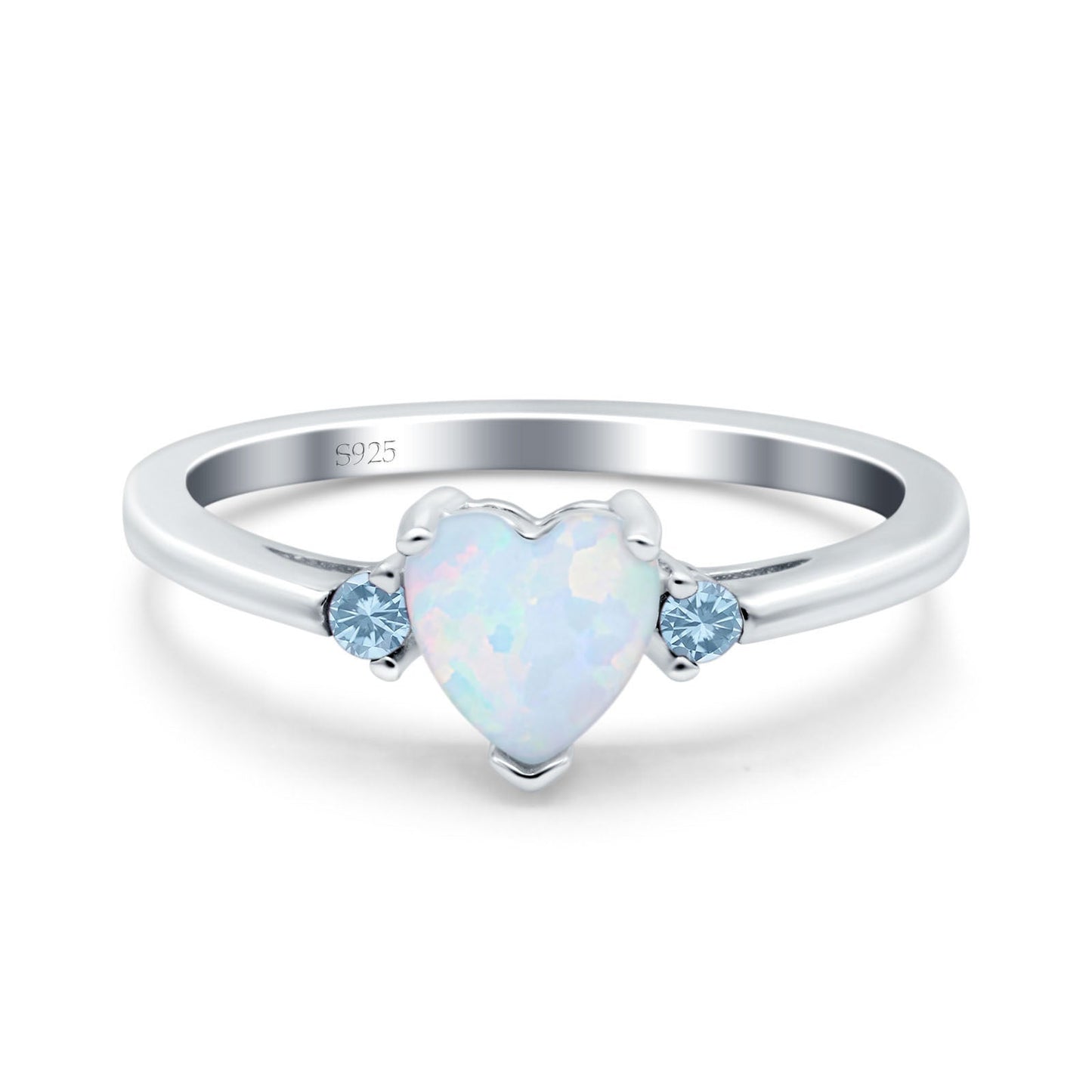 Art Deco Heart Three Stone Aquamarine Lab Created White Opal Wedding Ring