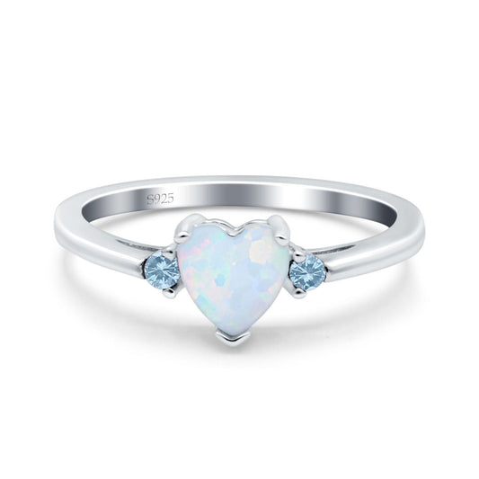 Art Deco Heart Three Stone Aquamarine Lab Created White Opal Wedding Ring