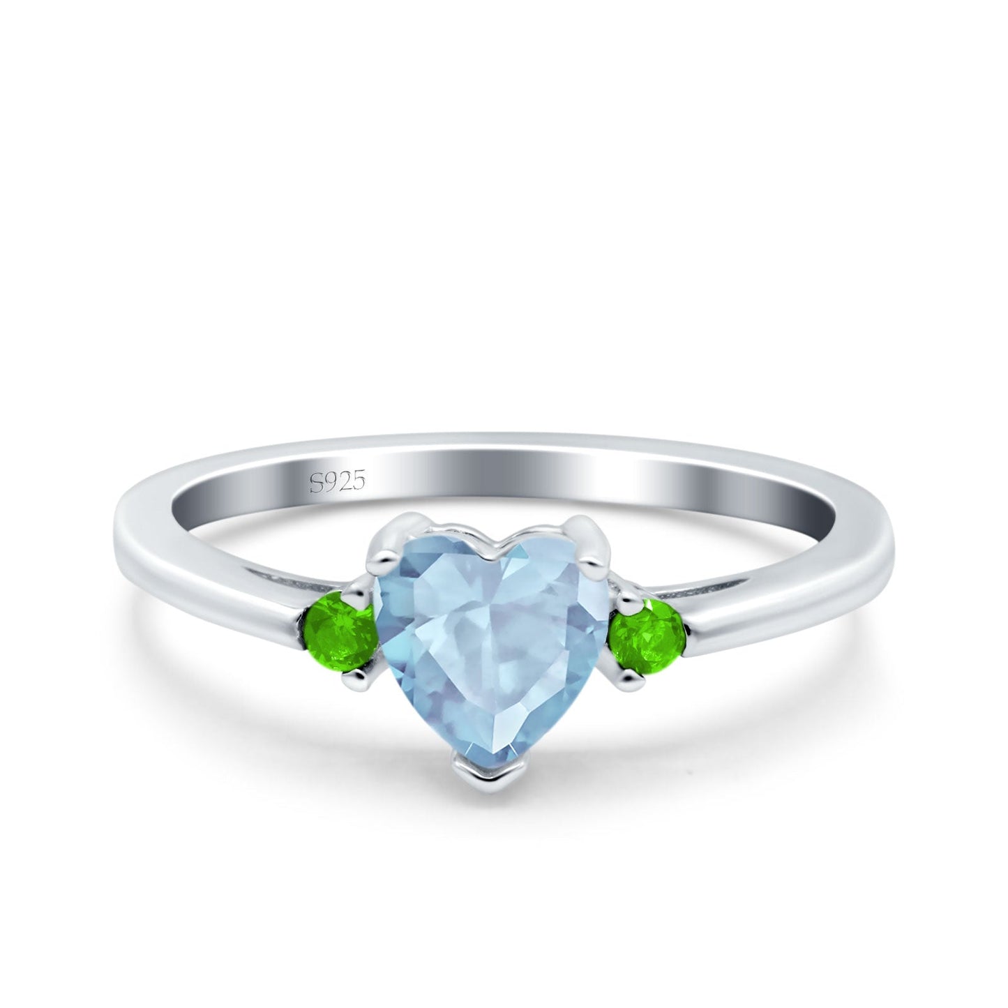 Aquamarine Ring Simulated Three Stone CZ Heart Ring