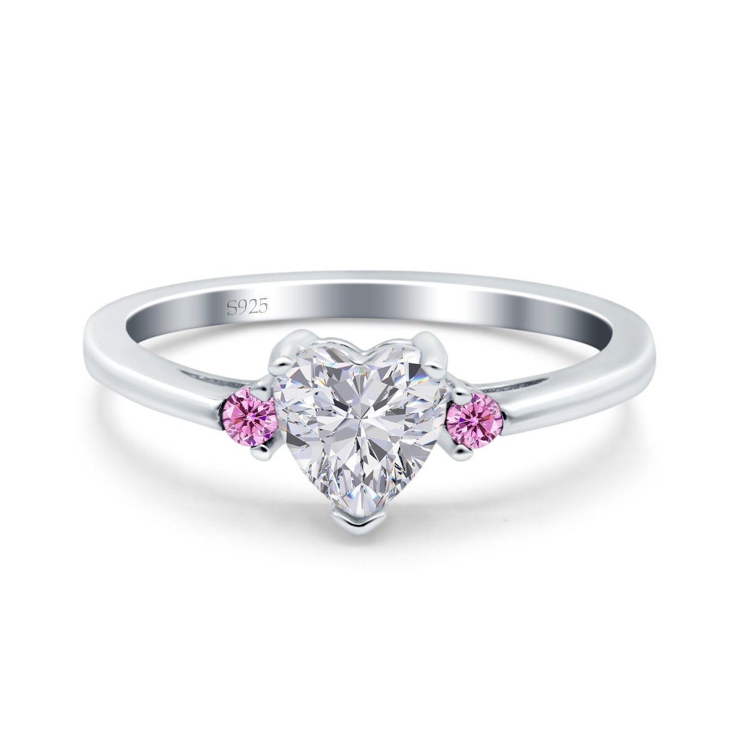 Art Deco Heart Three Stone Wedding Ring Pink Simulated Cubic Zirconia