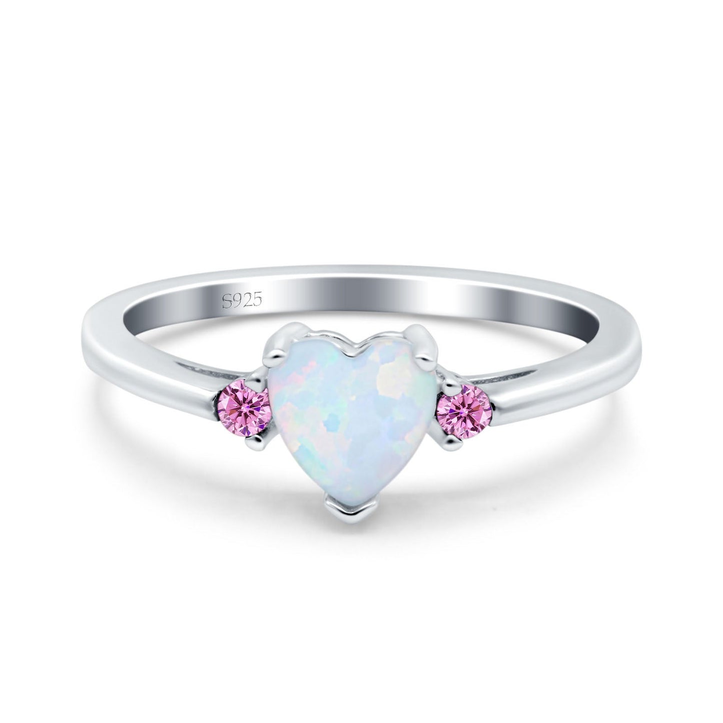 Art Deco Heart Three Stone Wedding Ring Pink Lab Created White Opal