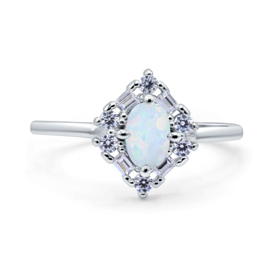 Art Deco Oval Lab Created White Opal Wedding Bridal Ring