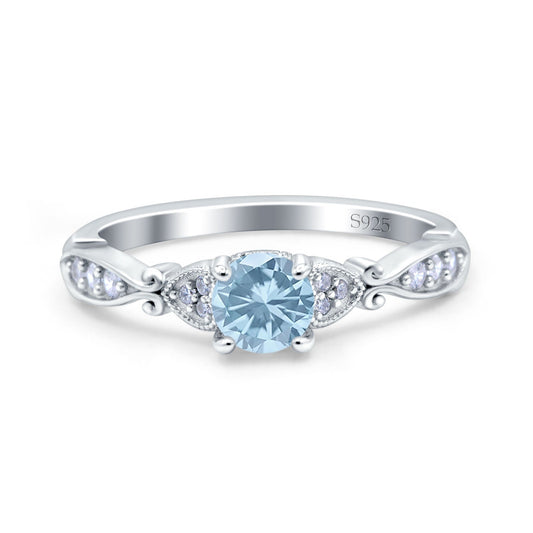 Heart Filigree Art Deco Round Simulated Aquamarine CZ Wedding Bridal Ring