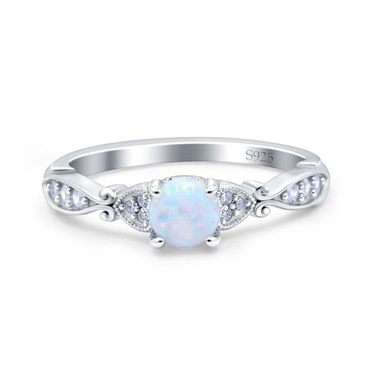 Heart Filigree Art Deco Round Lab Created White Opal Wedding Bridal Ring