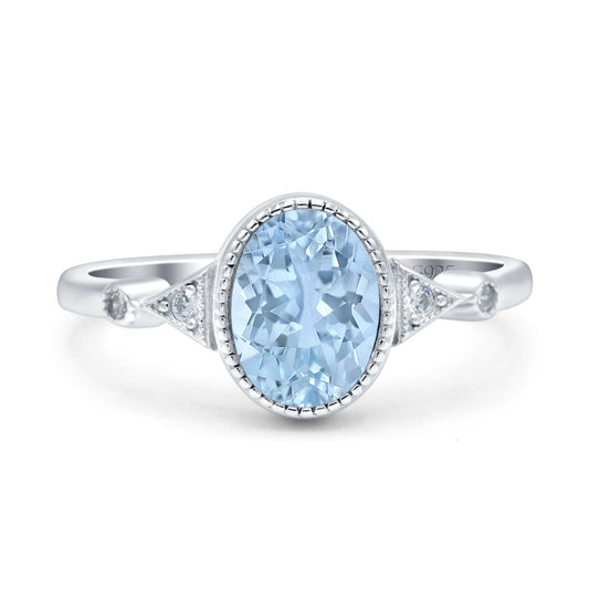 Art Deco Oval Simulated Aquamarine CZ Wedding Engagement Ring