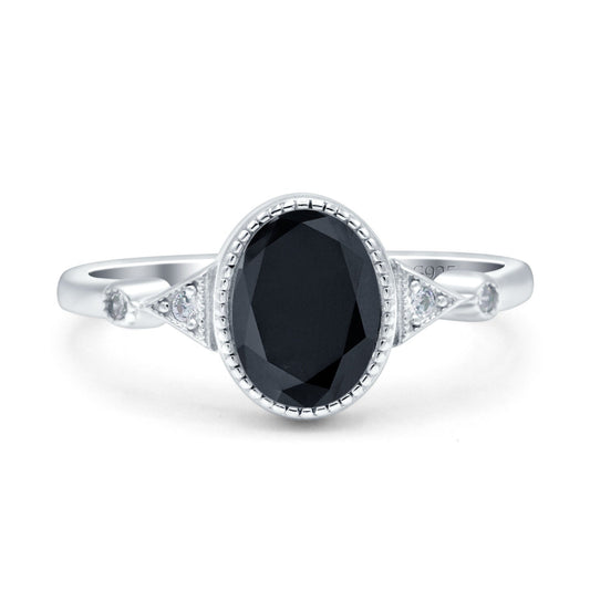 Art Deco Oval Simulated Black CZ Wedding Engagement Ring