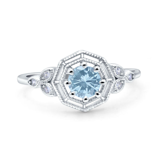 Art Deco Marquise Design Round Simulated Aquamarine CZ Wedding Bridal Ring