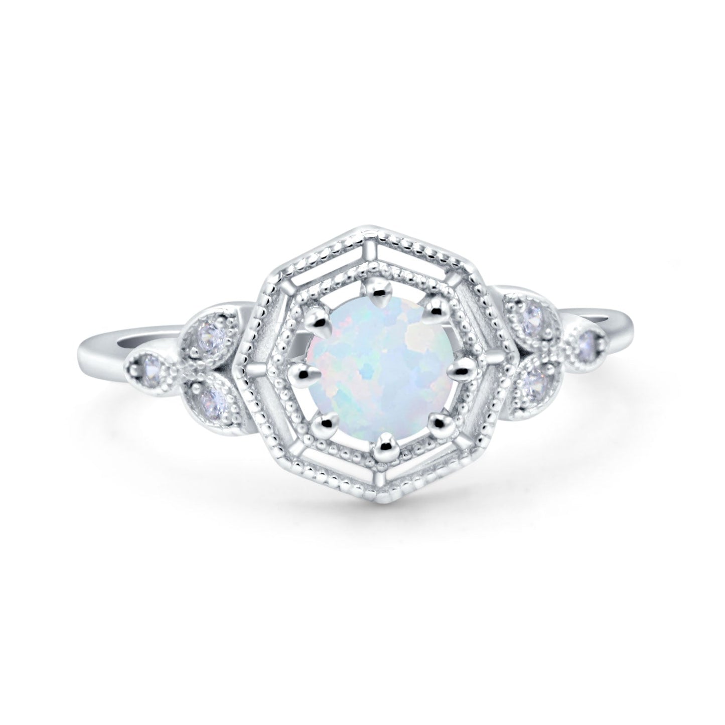 Art Deco Marquise Design Round Lab Created White Opal Wedding Bridal Ring