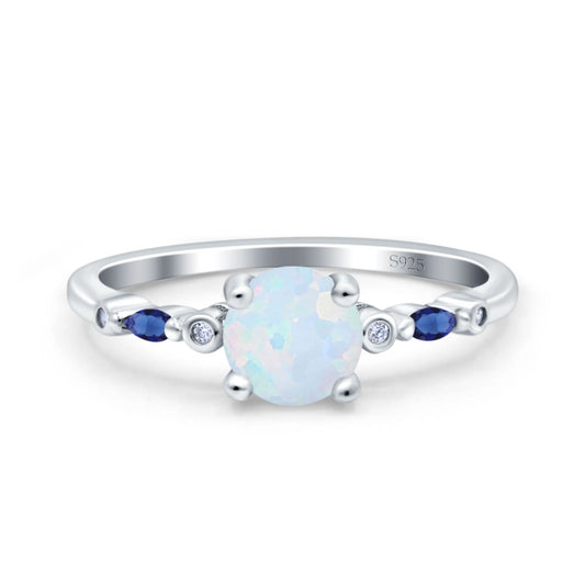 Vintage Style Round Marquise Blue Sapphire Lab Created White Opal Bridal Wedding Ring