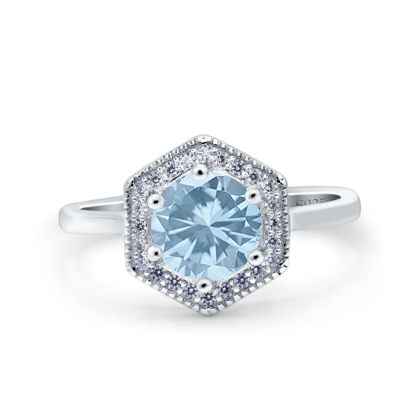 Art Deco Hexagon Shape Round Simulated Aquamarine CZ Wedding Bridal Ring