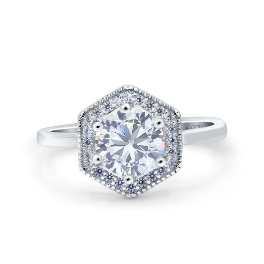 Art Deco Hexagon Shape Round Simulated Cubic Zirconia Wedding Bridal Ring