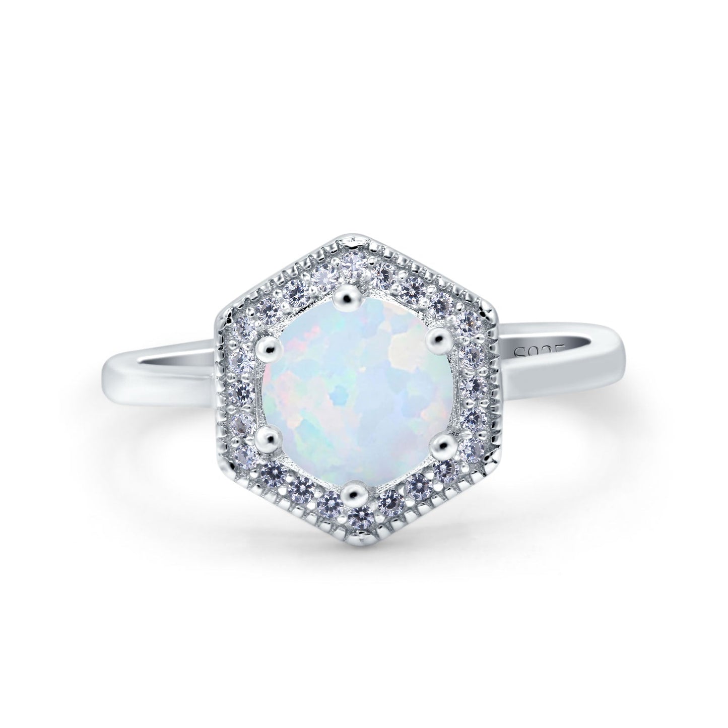 Art Deco Hexagon Shape Round Lab Created White Opal Wedding Bridal Ring