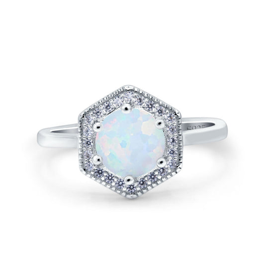 Art Deco Hexagon Shape Round Lab Created White Opal Wedding Bridal Ring