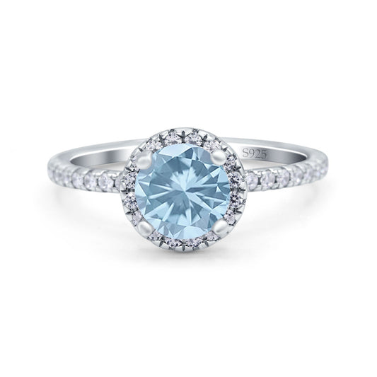 Halo Art Deco Round Simulated Aquamarine CZ Engagement Wedding Ring