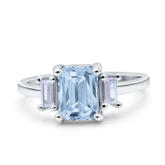 Emerald Cut Art Deco Three Stone Simulated Aquamarine CZ Wedding Ring