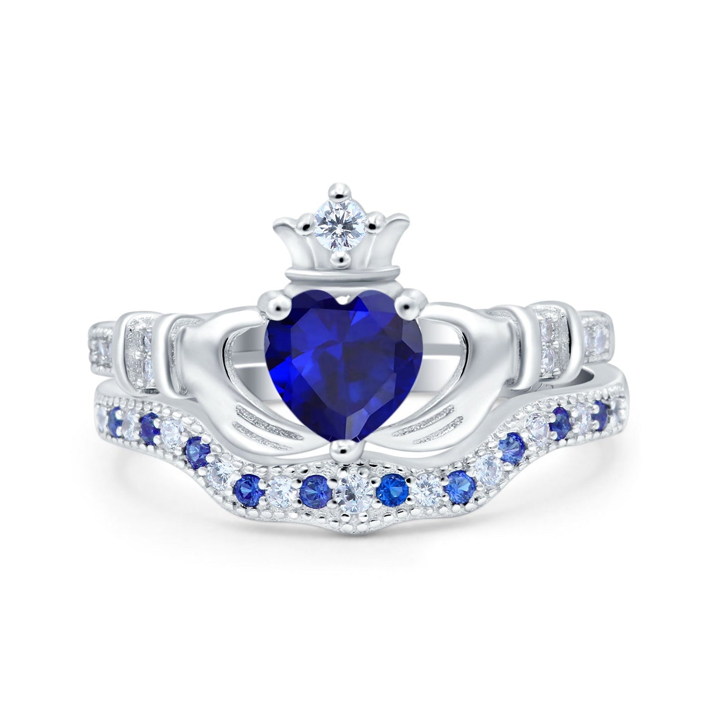 Claddagh Accent Heart Band Simulated Blue Sapphire CZ Wedding Bridal Set Piece Ring