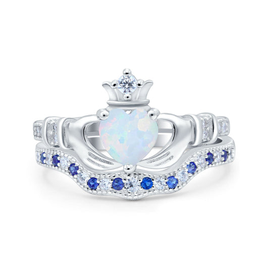 Claddagh Ring Bridal Piece Sapphire Created White Opal