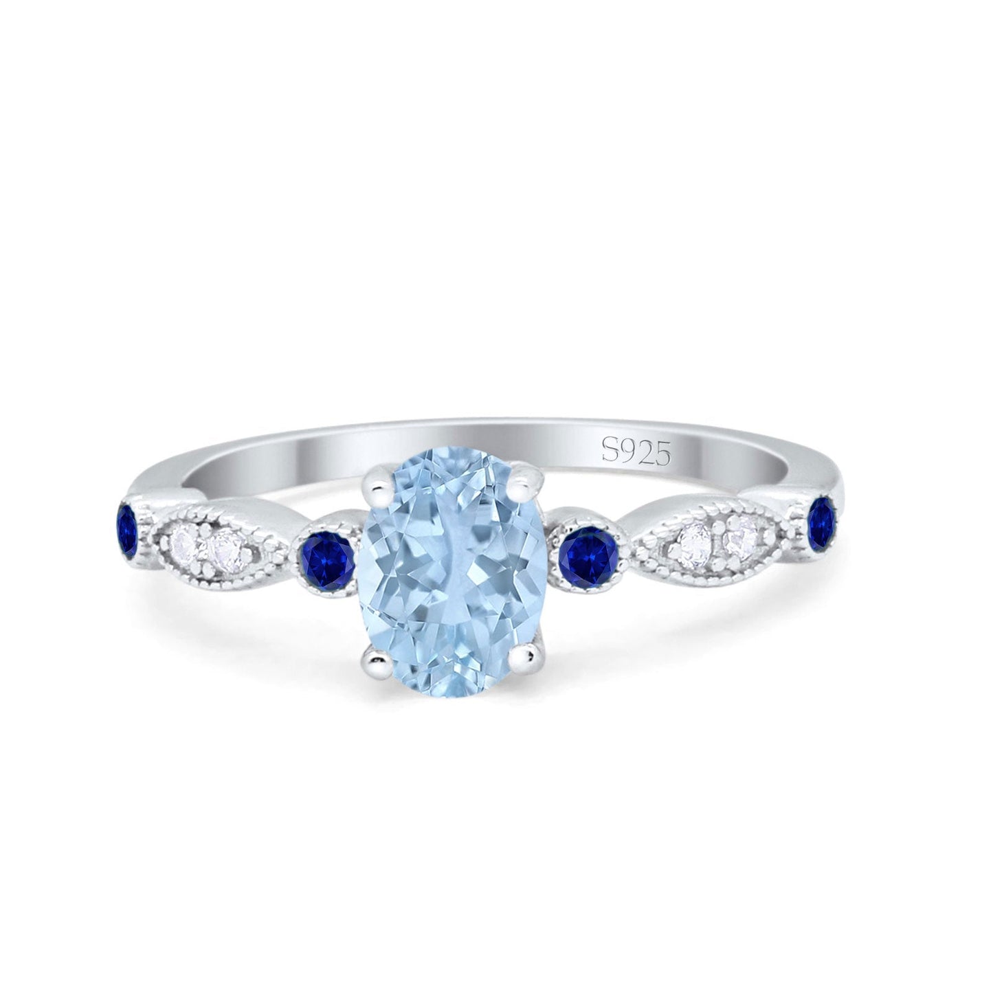 Vintage Style Oval Round Blue Sapphire Simulated Aquamarine CZ Bridal Wedding Ring