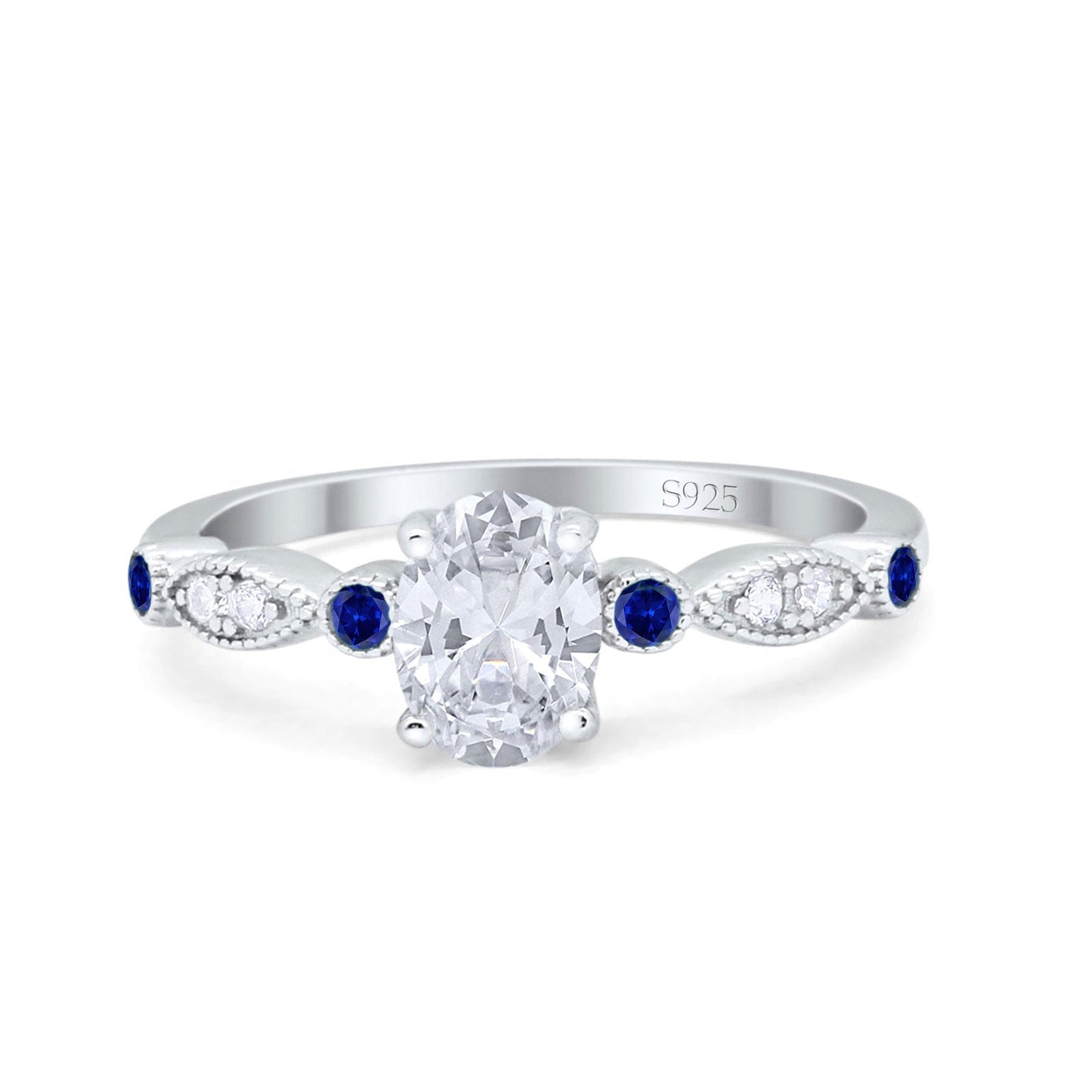 Vintage Style Oval Round Blue Sapphire Simulated Cubic Zirconia Bridal Wedding Ring