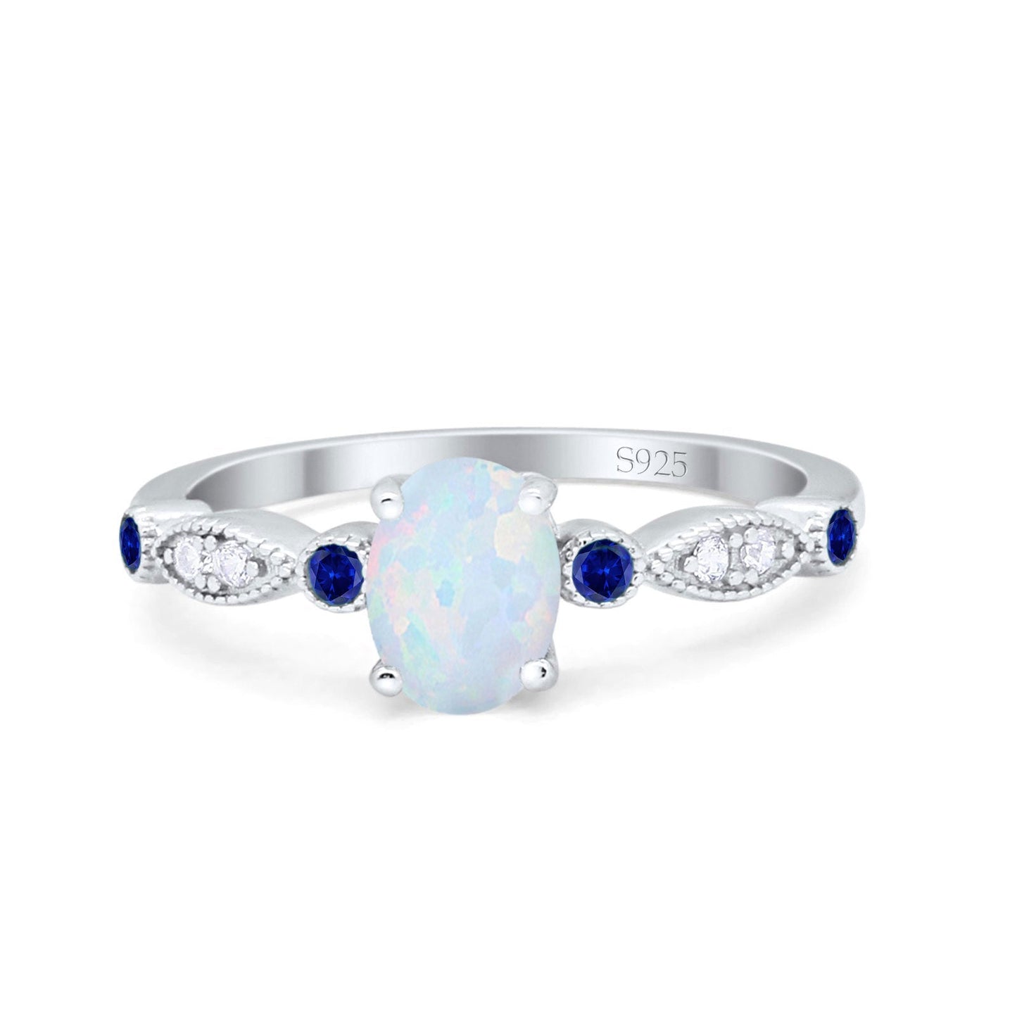 Vintage Style Oval Round Blue Sapphire Lab Created White Opal Bridal Wedding Ring