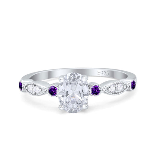 Vintage Style Oval Round Amethyst Simulated Cubic Zirconia Bridal Wedding Engagement Ring