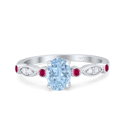 Vintage Style Oval Round Ruby Simulated Aquamarine CZ Bridal Wedding Engagement Ring