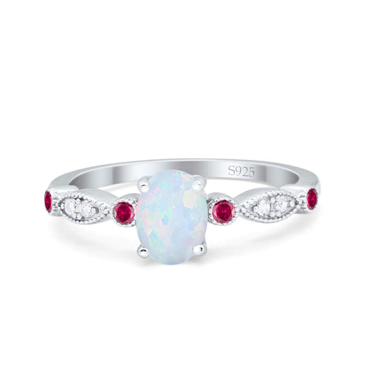 Vintage Style Oval Round Ruby Lab Created White Opal Bridal Wedding Ring