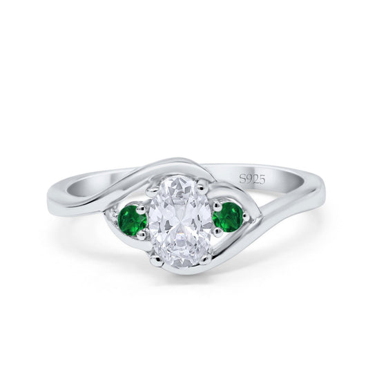 Three Stone Oval Cut Round Simulated Green Emerald Cubic Zirconia Engagement Ring