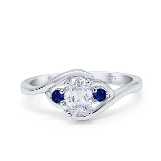 Three Stone Oval Cut Round Simulated Blue Sapphire Cubic Zirconia Engagement Ring