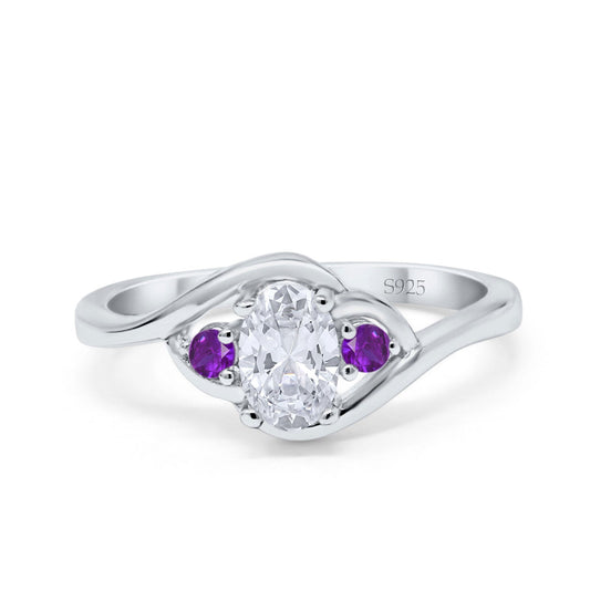 Three Stone Oval Cut Round Simulated Amethyst Cubic Zirconia Engagement Ring