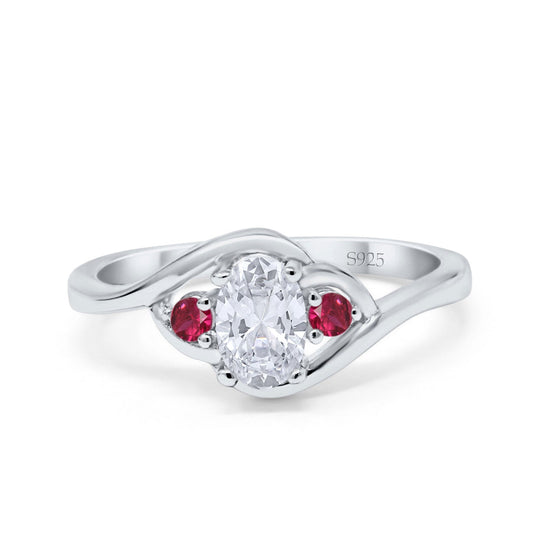 Three Stone Oval Cut Round Simulated Ruby Cubic Zirconia Engagement Ring