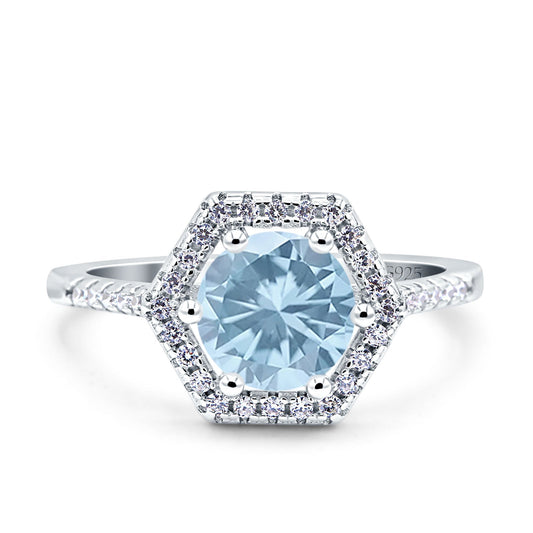 Art Deco Hexagon Round Simulated Aquamarine CZ Wedding Bridal Ring