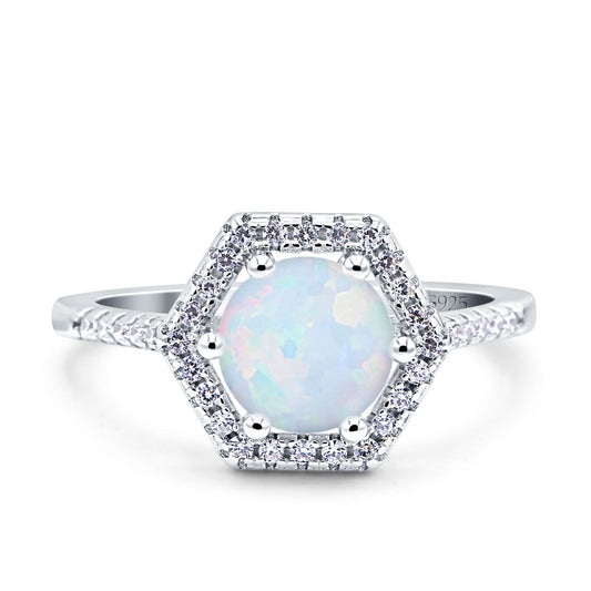 Art Deco Hexagon Round Lab Created White Opal Wedding Bridal Ring