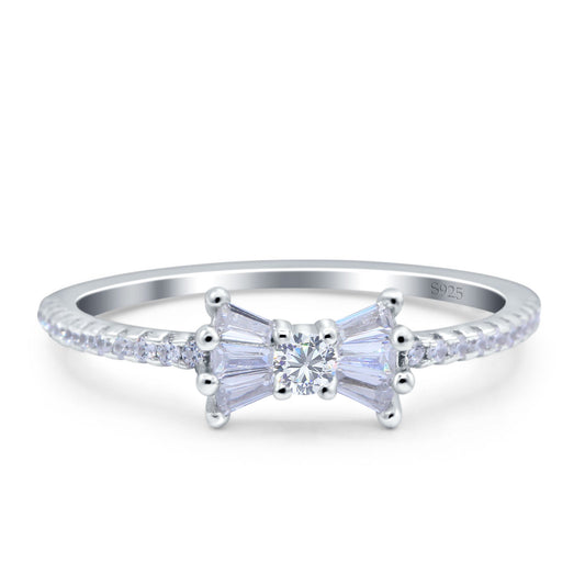 Petite Dainty Ribbon Bow Ring Baguette Round Simulated Cubic Zirconia Engagement Band