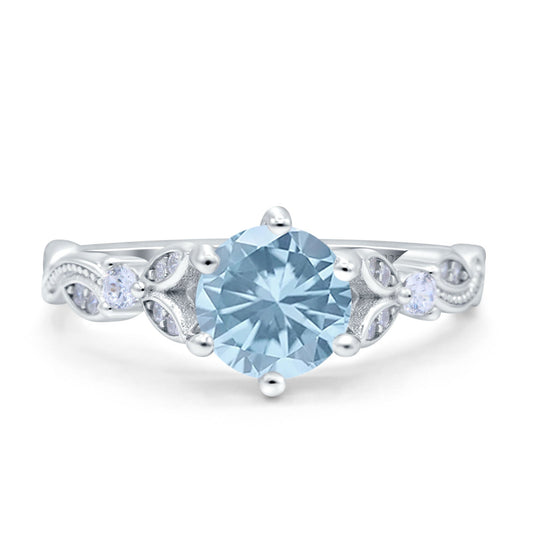 Vintage Style Round Marquise Design Simulated Aquamarine CZ Bridal Wedding Ring