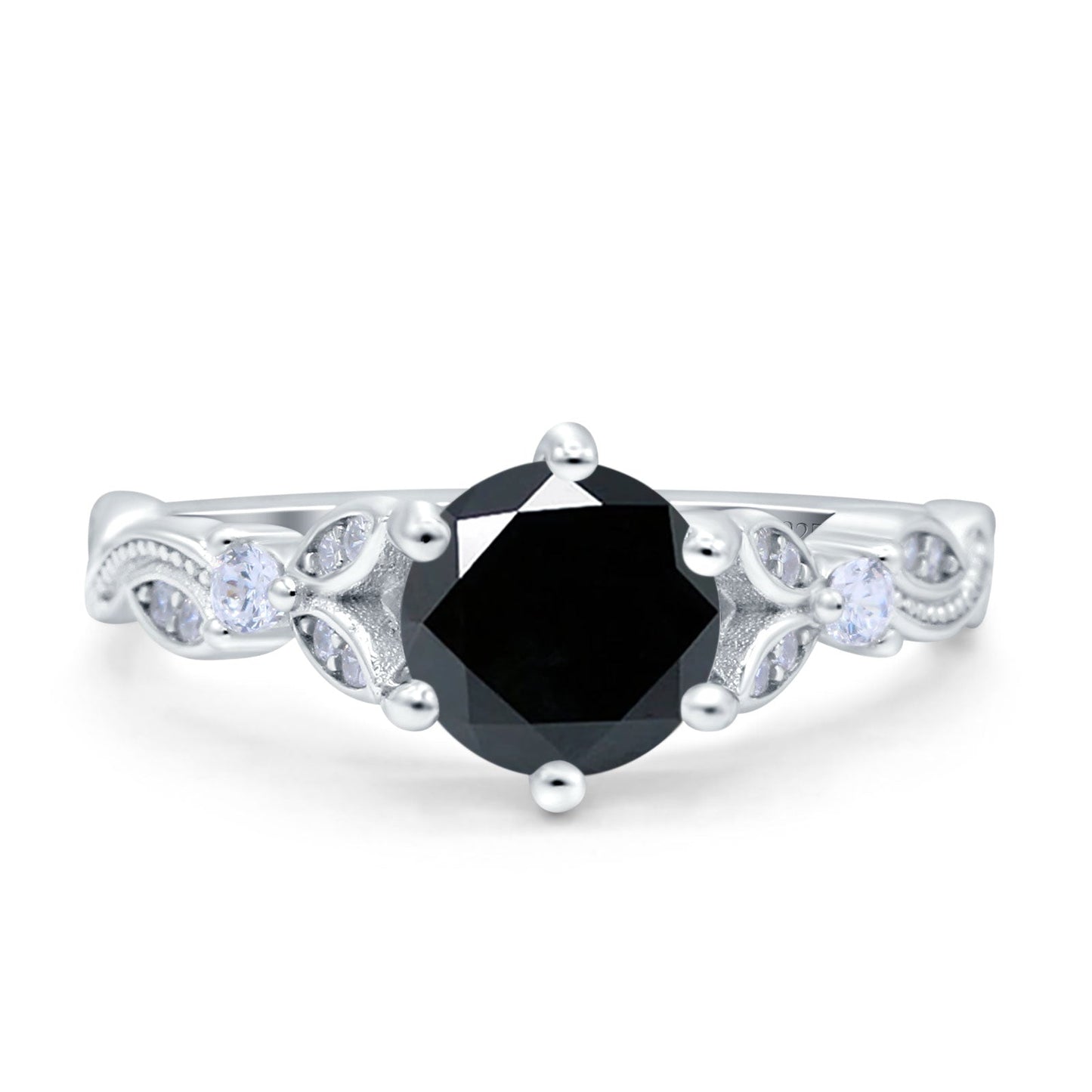 Vintage Style Round Marquise Design Simulated Black CZ Bridal Engagement Ring