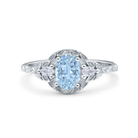 Art Deco Oval Vintage Style Simulated Aquamarine CZ Bridal Wedding Engagement Ring