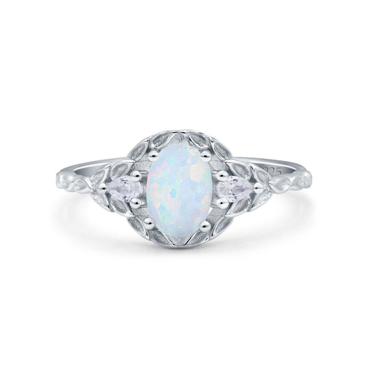 Art Deco Oval Vintage Style Lab Created White Opal Bridal Wedding Engagement Ring