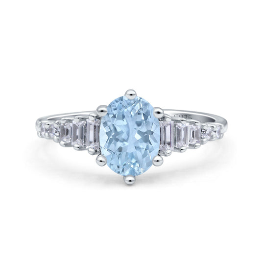 Vintage Style Oval Baguette Simulated Aquamarine CZ Bridal Wedding Engagement Ring